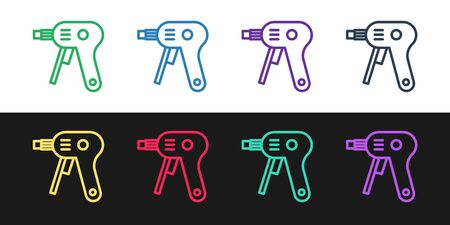 Set line Electric hot glue gun icon isolated on black and white background. Hot pistol glue. Hot repair work appliance silicone. Vector Illustrationのイラスト素材