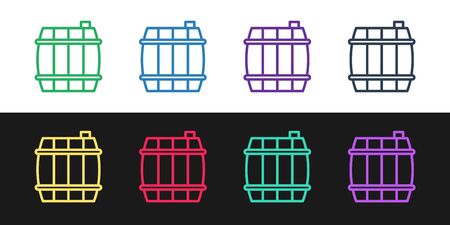 Set line Wooden barrel icon isolated on black and white background. Alcohol barrel, drink container, wooden keg for beer, whiskey, wine. Vector Illustrationのイラスト素材