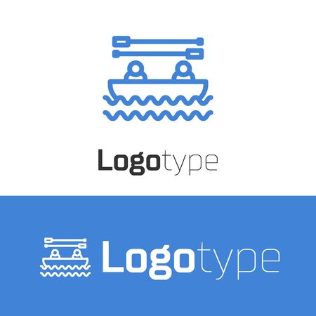 Blue line Boat with oars and people icon isolated on white background. Water sports, extreme sports, holiday, vacation, team building.のイラスト素材