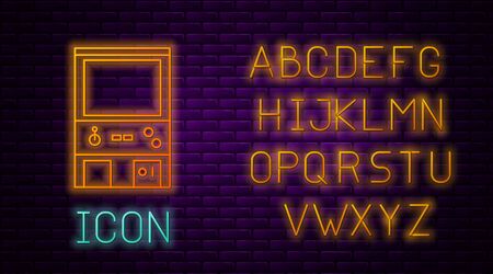 Glowing neon line Retro arcade game machine icon isolated on brick wall background. Neon light alphabet. Vector Illustrationのイラスト素材