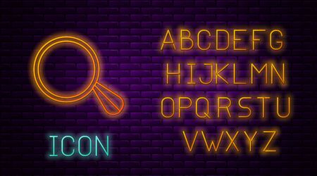 Glowing neon line Car mirror icon isolated on brick wall background. Neon light alphabet. Vector Illustrationのイラスト素材