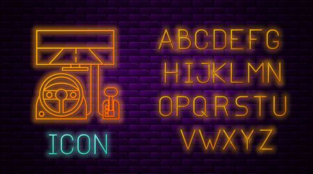 Glowing neon line Racing simulator cockpit icon isolated on brick wall background. Gaming accessory. Gadget for driving simulation game. Neon light alphabet. Vector Illustrationのイラスト素材
