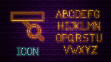 Glowing neon line Pirate eye patch icon isolated on brick wall background. Pirate accessory. Neon light alphabet. Vector Illustrationのイラスト素材
