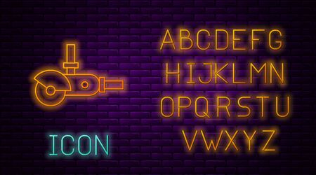 Glowing neon line Angle grinder icon isolated on brick wall background. Neon light alphabet. Vector Illustrationのイラスト素材