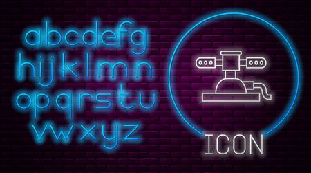 Glowing neon line Automatic irrigation sprinklers icon isolated on brick wall background. Watering equipment. Garden element. Spray gun icon. Neon light alphabet. Vector Illustrationのイラスト素材