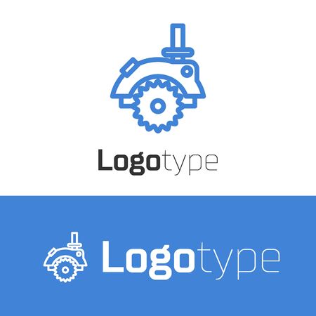 Blue line Electric circular saw with steel toothed disc icon isolated on white background. Electric hand tool for cutting wood or metal.のイラスト素材