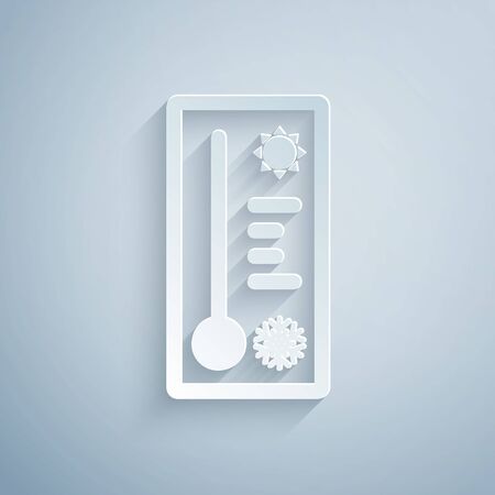 Paper cut Meteorology thermometer measuring heat and cold icon isolated on grey background. Thermometer equipment showing hot or cold weather. Paper art style. Vector Illustrationのイラスト素材