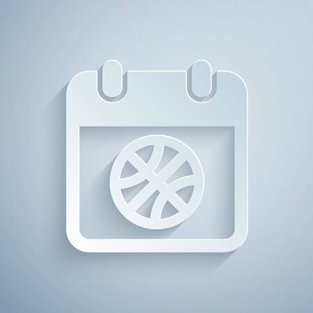 Paper cut Basketball on sport calendar icon isolated on grey background. Paper art style. Vector Illustrationのイラスト素材