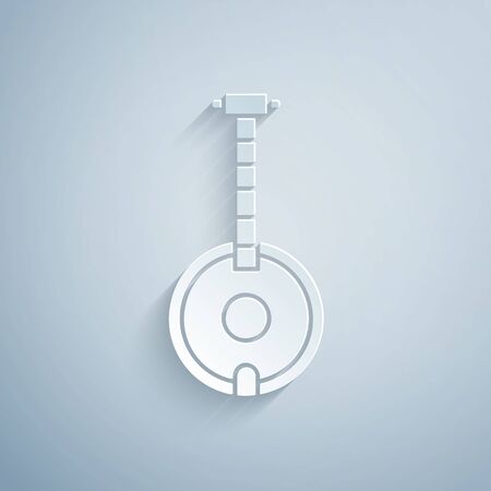 Paper cut Banjo icon isolated on grey background. Musical instrument. Paper art style. Vector Illustrationのイラスト素材