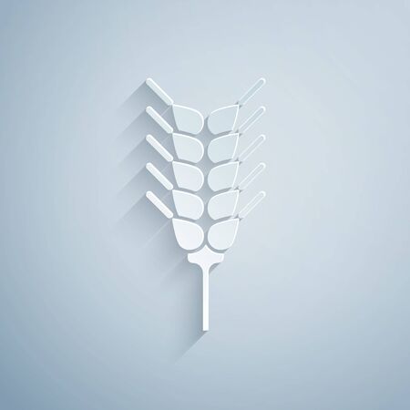 Paper cut Cereals set with rice, wheat, corn, oats, rye, barley icon isolated on grey background. Ears of wheat bread symbols. Paper art style. Vector Illustrationのイラスト素材