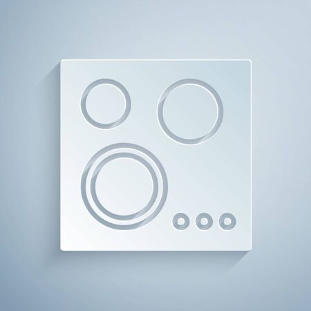 Paper cut Gas stove icon isolated on grey background. Cooktop sign. Hob with four circle burners. Paper art style. Vector Illustrationのイラスト素材
