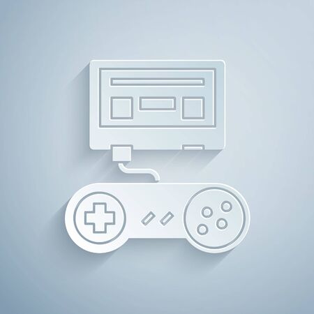 Paper cut Video game console with joystick icon isolated on grey background. Paper art style. Vector Illustrationのイラスト素材