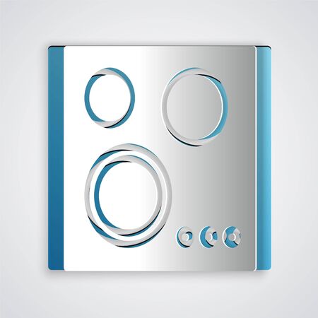 Paper cut Gas stove icon isolated on grey background. Cooktop sign. Hob with four circle burners. Paper art style. Vector Illustrationのイラスト素材