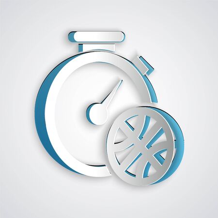 Paper cut Stopwatch with basketball ball inside icon isolated on grey background. Basketball time. Sport and training. Paper art style. Vector Illustrationのイラスト素材