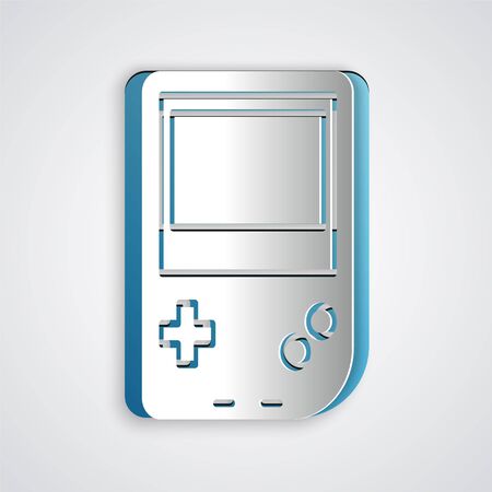 Paper cut Portable video game console icon isolated on grey background. Gamepad sign. Gaming concept. Paper art style. Vector Illustrationのイラスト素材