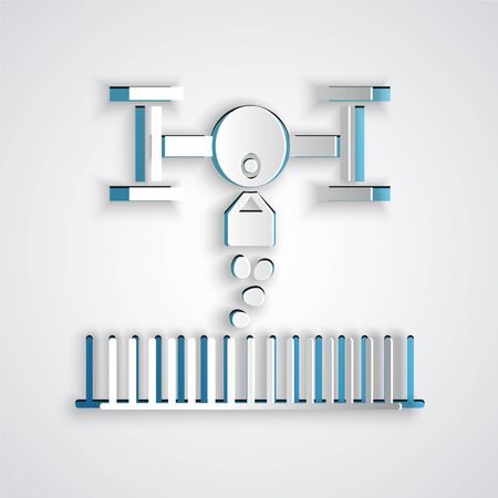 Paper cut Smart farm with drone control for seed planting icon isolated on grey background. Innovation technology for agricultural company. Paper art style. Vector Illustrationのイラスト素材