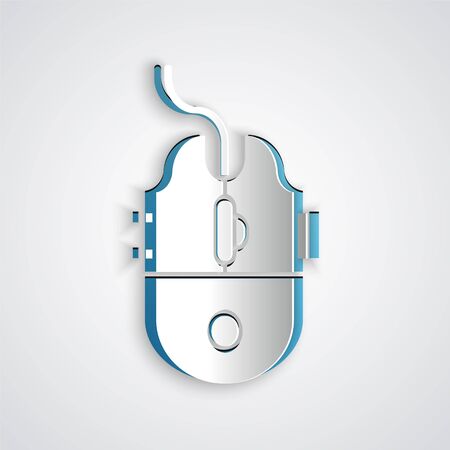 Paper cut Computer mouse gaming icon isolated on grey background. Optical with wheel symbol. Paper art style. Vector Illustrationのイラスト素材