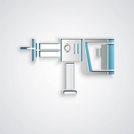 Paper cut Electric rotary hammer drill machine icon isolated on grey background. Working tool for construction, finishing, repair work. Paper art style. Vector Illustrationのイラスト素材