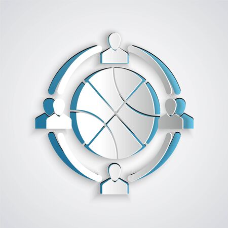 Paper cut Clock with basketball ball inside icon isolated on grey background. Basketball time. Sport and training. Paper art style. Vector Illustrationのイラスト素材