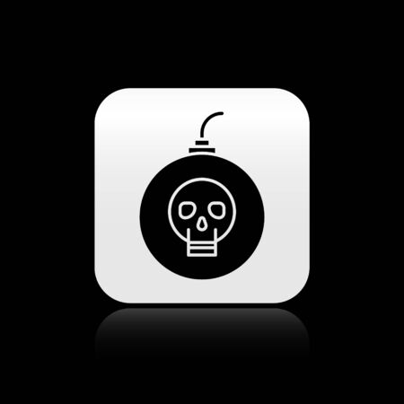 Black Bomb ready to explode icon isolated on black background. Happy Halloween party. Silver square button. Vector Illustrationのイラスト素材