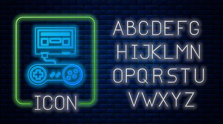 Glowing neon Video game console with joystick icon isolated on brick wall background. Neon light alphabet. Vector Illustrationのイラスト素材