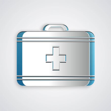 Paper cut First aid kit icon isolated on grey background. Medical box with cross. Medical equipment for emergency. Healthcare concept. Paper art style. Vector Illustrationのイラスト素材