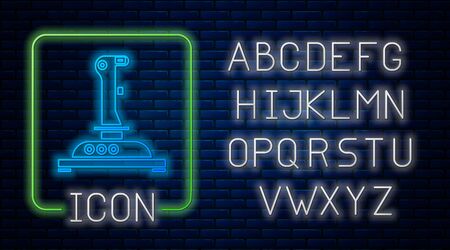 Glowing neon Joystick for arcade machine icon isolated on brick wall background. Joystick gamepad. Neon light alphabet. Vector Illustrationのイラスト素材
