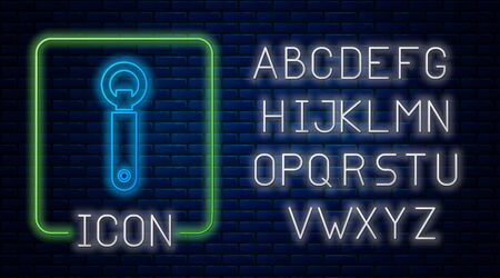 Glowing neon Bottle opener icon isolated on brick wall background. Neon light alphabet. Vector Illustrationのイラスト素材