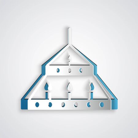 Paper cut Massive steel chandelier with candles in medieval icon isolated on grey background. Paper art style. Vector Illustrationのイラスト素材