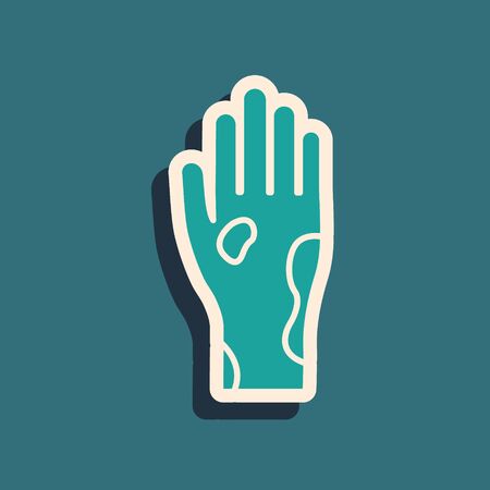 Green Hand with psoriasis or eczema icon isolated on blue background. Concept of human skin response to allergen or chronic body problem. Long shadow style. Vector Illustrationのイラスト素材
