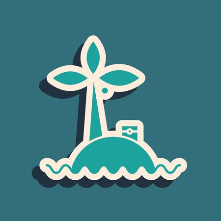 Green Tropical island in ocean icon isolated on blue background. Landscape with ocean and palm trees. Travel. Long shadow style. Vector Illustrationのイラスト素材