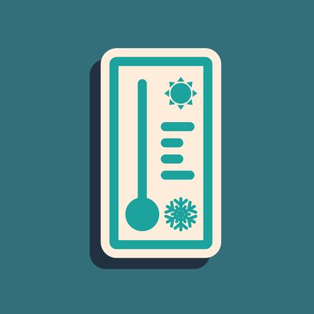 Green Meteorology thermometer measuring heat and cold icon isolated on blue background. Thermometer equipment showing hot or cold weather. Long shadow style. Vector Illustrationのイラスト素材