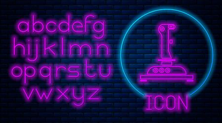 Glowing neon Joystick for arcade machine icon isolated on brick wall background. Joystick gamepad. Neon light alphabet. Vector Illustrationのイラスト素材