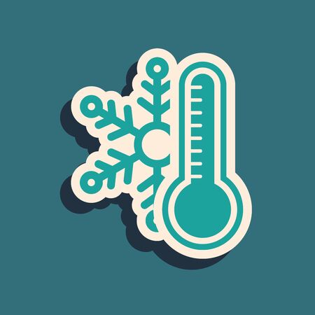 Green Thermometer with snowflake icon isolated on blue background. Long shadow style. Vector Illustrationのイラスト素材