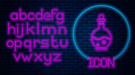 Glowing neon Glass bottle with magic elixir icon isolated on brick wall background. Computer game asset. Neon light alphabet. Vector Illustrationのイラスト素材