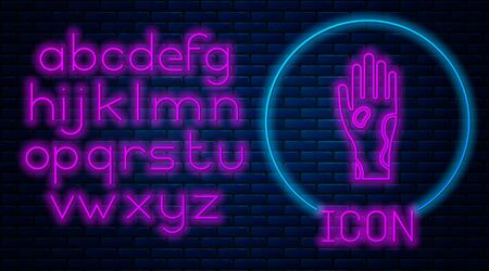 Glowing neon Hand with psoriasis or eczema icon isolated on brick wall background. Concept of human skin response to allergen or chronic body problem. Neon light alphabet. Vector Illustrationのイラスト素材