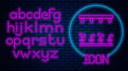 Glowing neon Automatic irrigation sprinklers icon isolated on brick wall background. Watering equipment. Garden element. Spray gun icon. Neon light alphabet. Vector Illustrationのイラスト素材