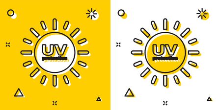 Black UV protection icon isolated on yellow and white background. Ultra violet rays radiation. SPF sun sign. Random dynamic shapes. Vector Illustrationのイラスト素材