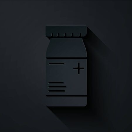 Paper cut Medicine bottle and pills icon isolated on black background. Bottle pill sign. Pharmacy design. Paper art style. Vector Illustrationのイラスト素材