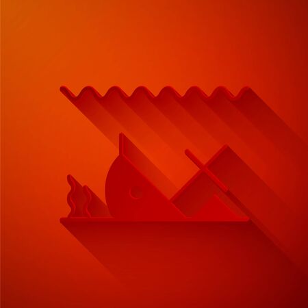 Paper cut Sunken ship at the bottom of the sea icon isolated on red background. Paper art style. Vector Illustrationのイラスト素材