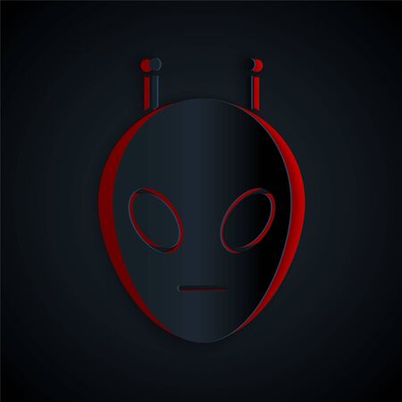 Paper cut Alien icon isolated on black background. Extraterrestrial alien face or head symbol. Paper art style. Vector Illustrationのイラスト素材