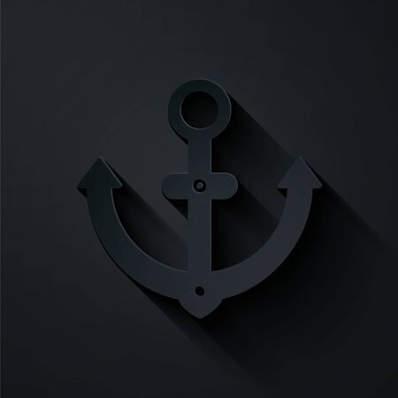 Paper cut Anchor icon isolated on black background. Paper art style. Vector Illustrationのイラスト素材