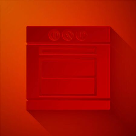Paper cut Oven icon isolated on red background. Stove gas oven sign. Paper art style. Vector Illustrationのイラスト素材