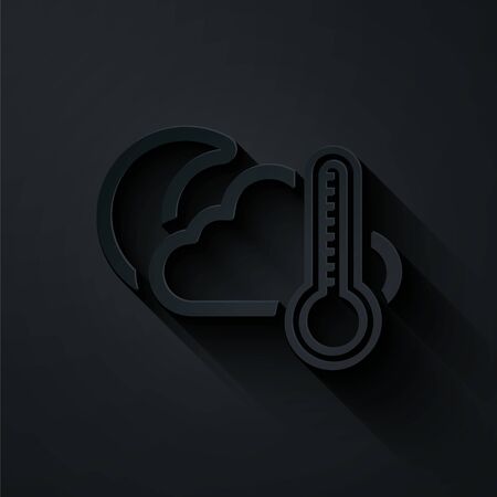 Paper cut Thermometer and cloud with moon icon isolated on black background. Paper art style. Vector Illustrationのイラスト素材