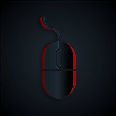 Paper cut Computer mouse icon isolated on black background. Optical with wheel symbol. Paper art style. Vector Illustrationのイラスト素材