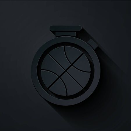 Paper cut Stopwatch with basketball ball inside icon isolated on black background. Basketball time. Sport and training. Paper art style. Vector Illustrationのイラスト素材