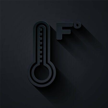 Paper cut Meteorology thermometer measuring heat and cold icon isolated on black background. Temperature Fahrenheit. Paper art style. Vector Illustrationのイラスト素材