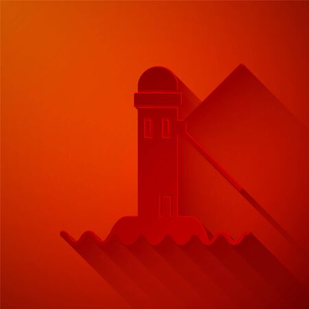 Paper cut Lighthouse icon isolated on red background. Paper art style. Vector Illustrationのイラスト素材