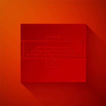 Paper cut Opened antique treasure chest icon isolated on red background. Vintage wooden chest with golden coin. Paper art style. Vector Illustrationのイラスト素材