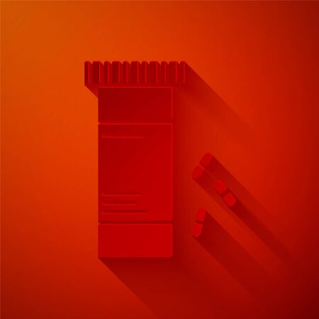 Paper cut Medicine bottle and pills icon isolated on red background. Bottle pill sign. Pharmacy design. Paper art style. Vector Illustrationのイラスト素材